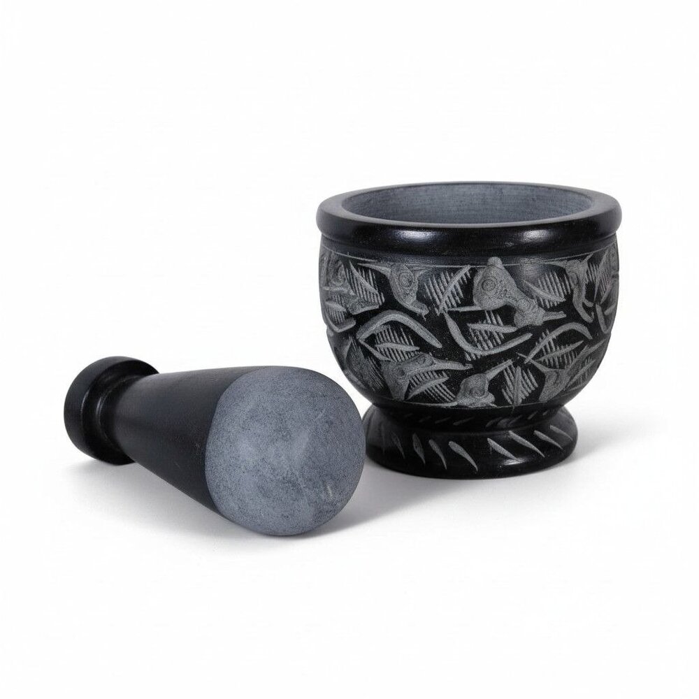 Handmade Black Soapstone Mortar & Pestle 3" - Carved Ritual Grinder - New - Picture 3 of 5